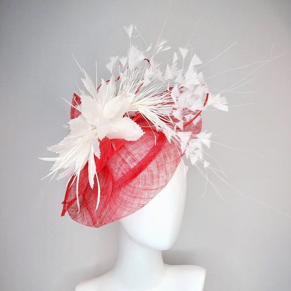 kentucky derby hat fascinator red sinamay saucer and flower with quills with white feather flower and feather spray