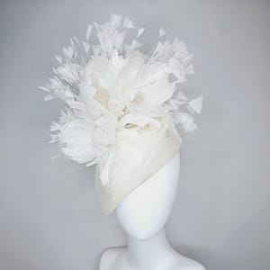 kentucky derby hat fascinator white ivory pointed teardrop perch sinamay with fluffy white feather flowers and white branching feathers