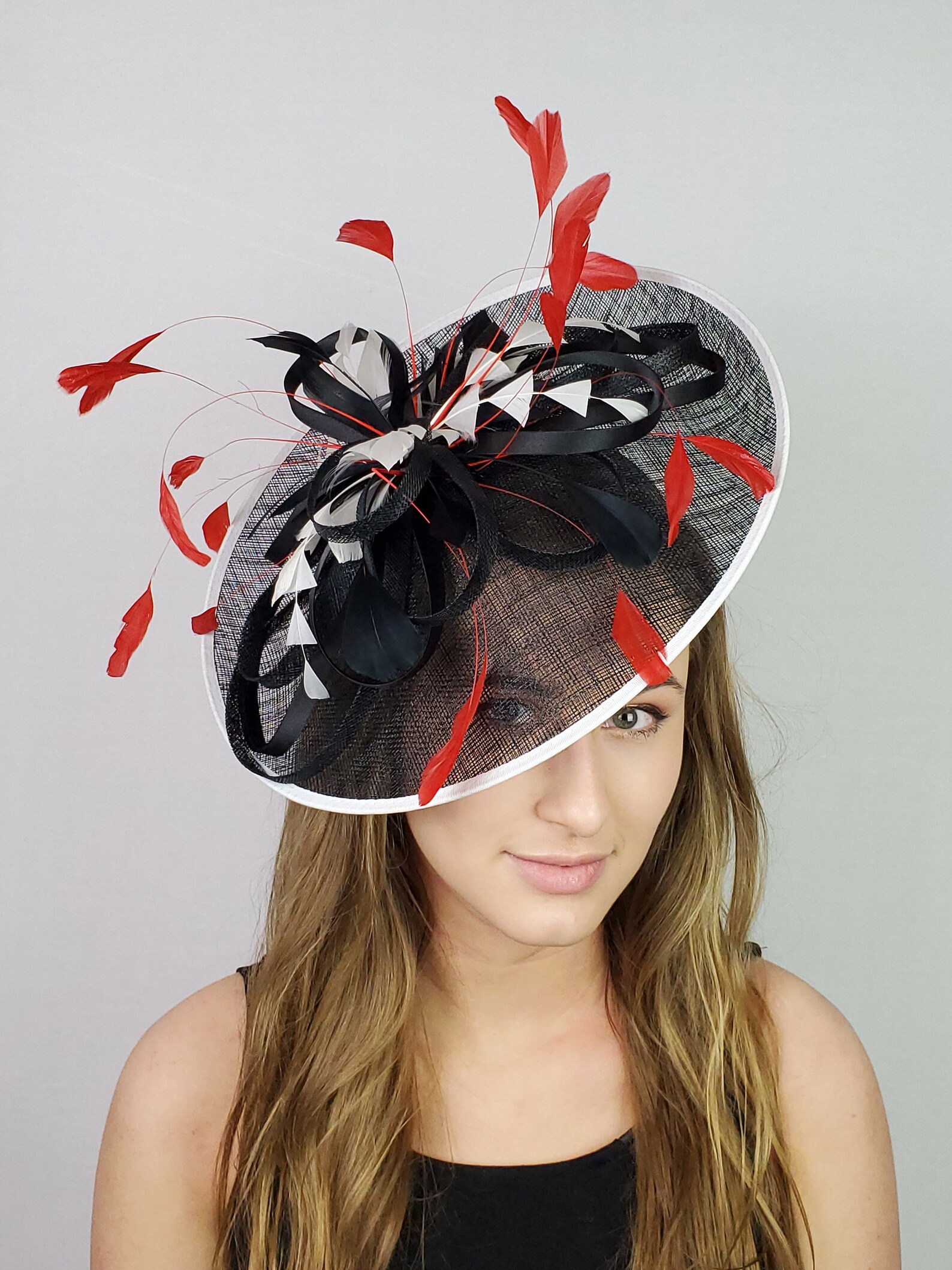 Red kentucky derby hat fascinator black white saucer hat with Etsy