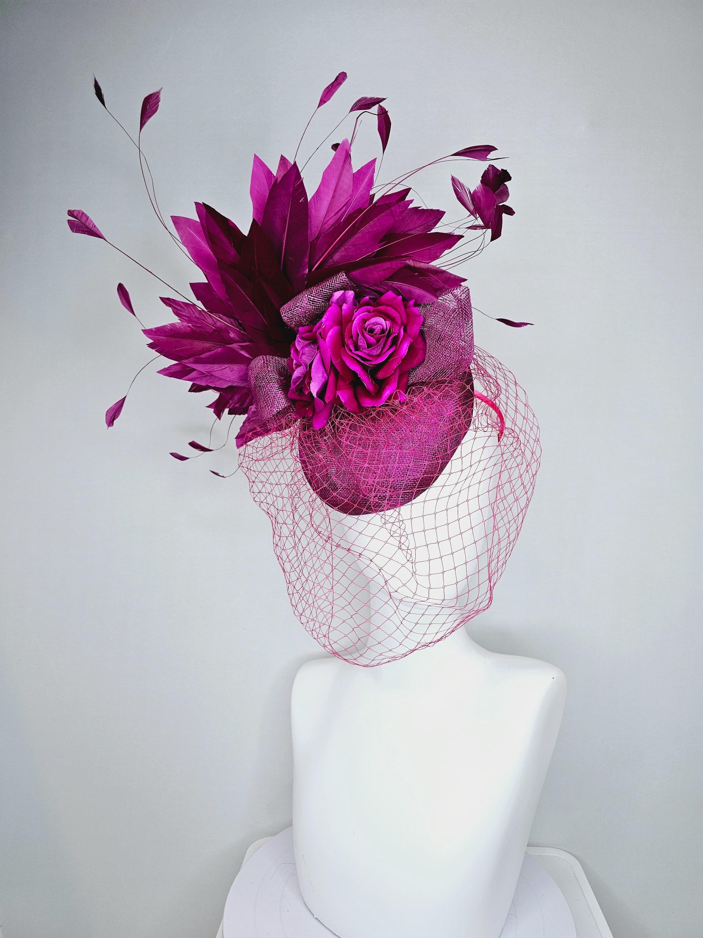 Elegant Women\'s Fascinator Hat in Magenta with Decorative Mesh Bow Magenta Purple Fascinator Mesh Loops 3 Flower Design main image 3