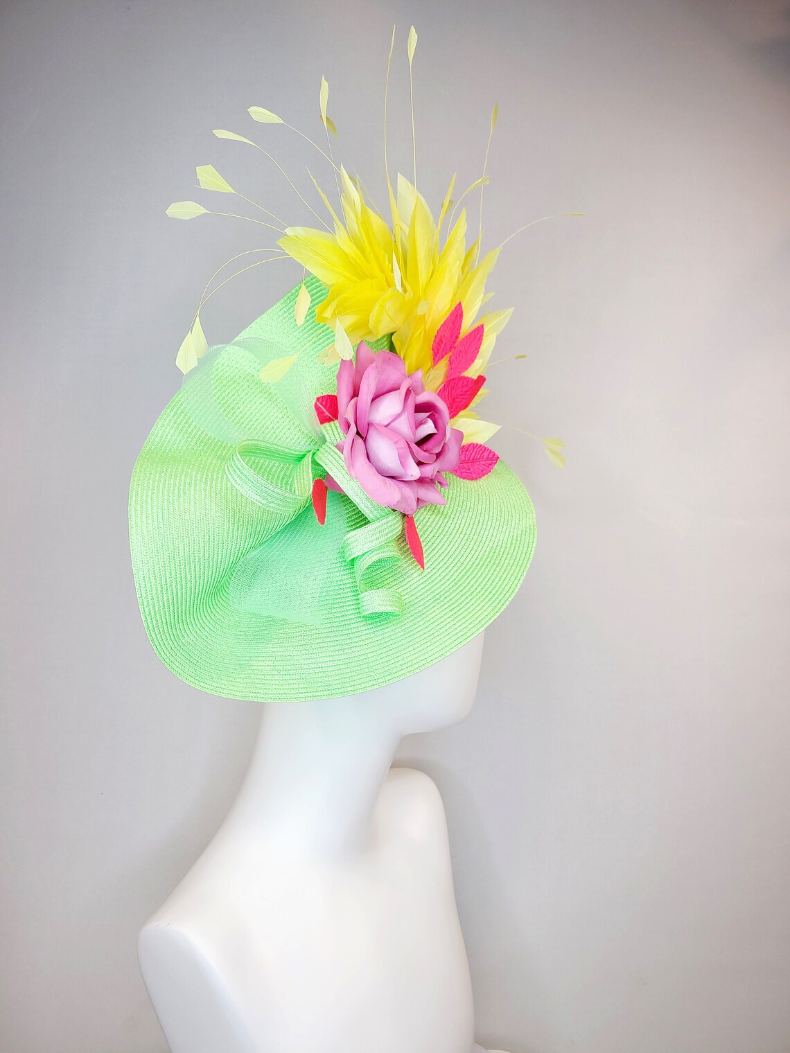 Kentucky Derby Hat Fascinator Lime Green Mat Base Pink Rose Etsy