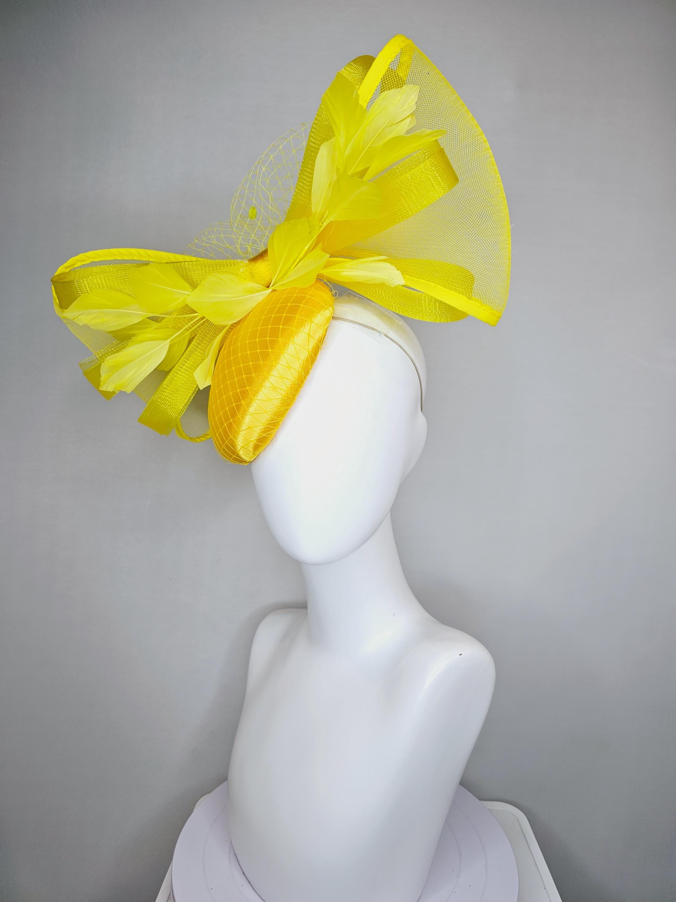 Kentucky Derby Hat Fascinator Bright Yellow Satin With  display picture 2