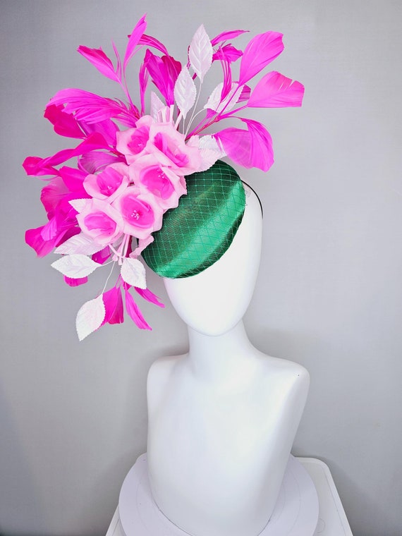 Kentucky Derby Hat Fascinator Green Satin With Netting Blush  display picture 3