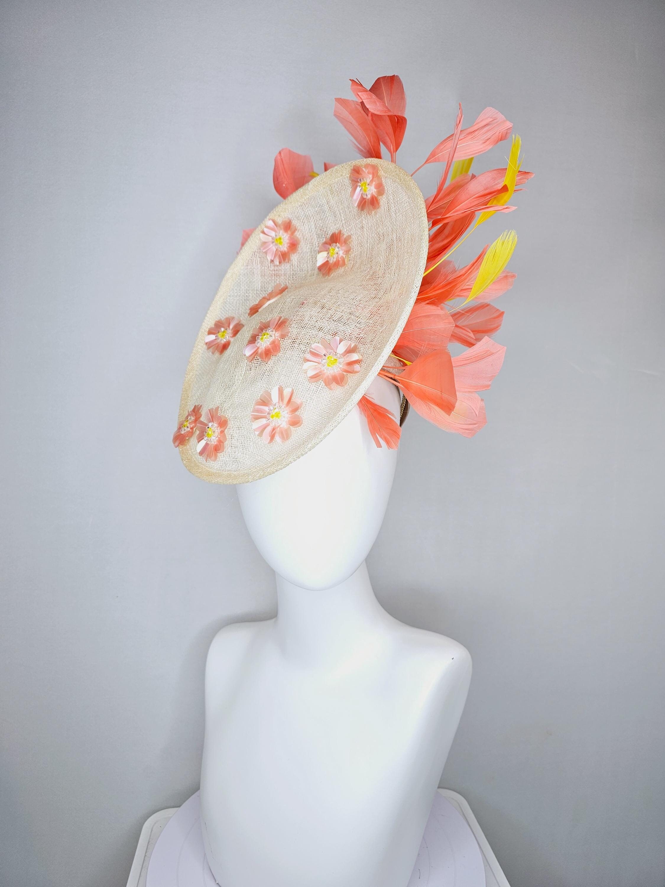 Kentucky Derby Oaks Floral Fascinator Hat - Peach, Ivory & Yellow M22019F ( Peach White Hat ) Kentucky Derby Hat Church Hat  main image 3