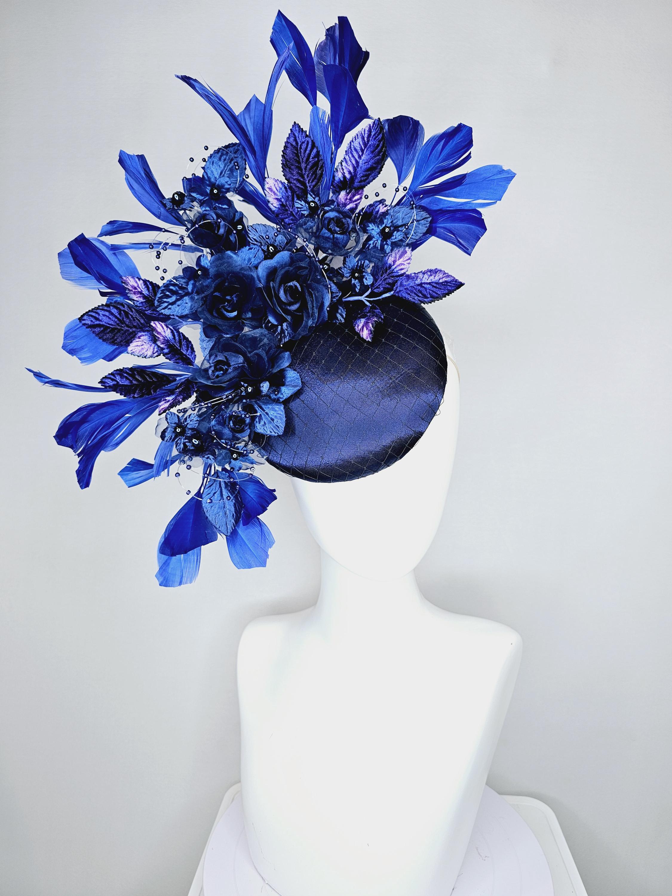 Kentucky Derby Hat Fascinator Navy Blue Satin With Netting 