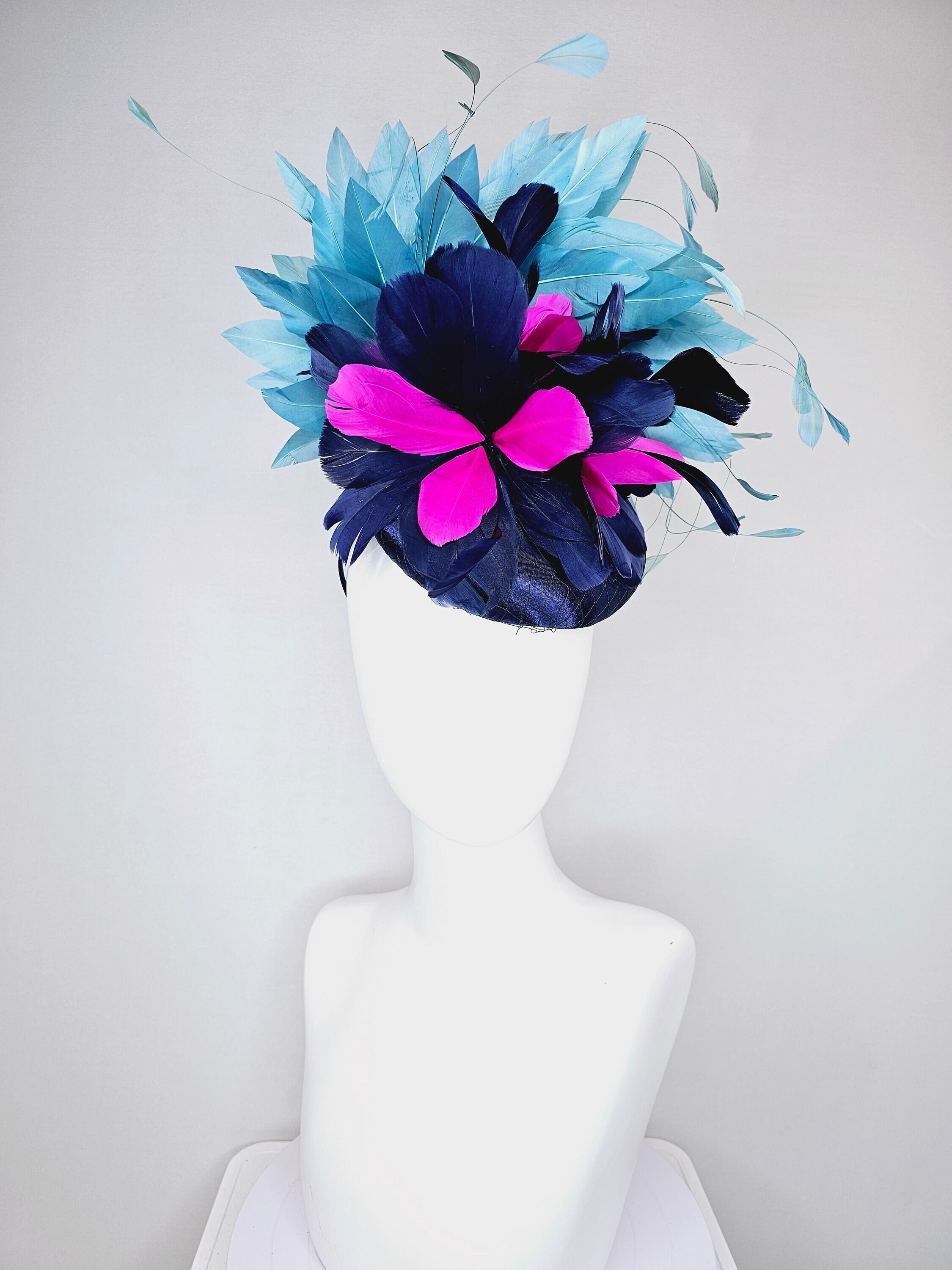 Kentucky Derby Oaks Ascot Blue and Pink Fascinator w Netting + Feathers Purple monarch fascinator with assorted feathers and silk  main image 3
