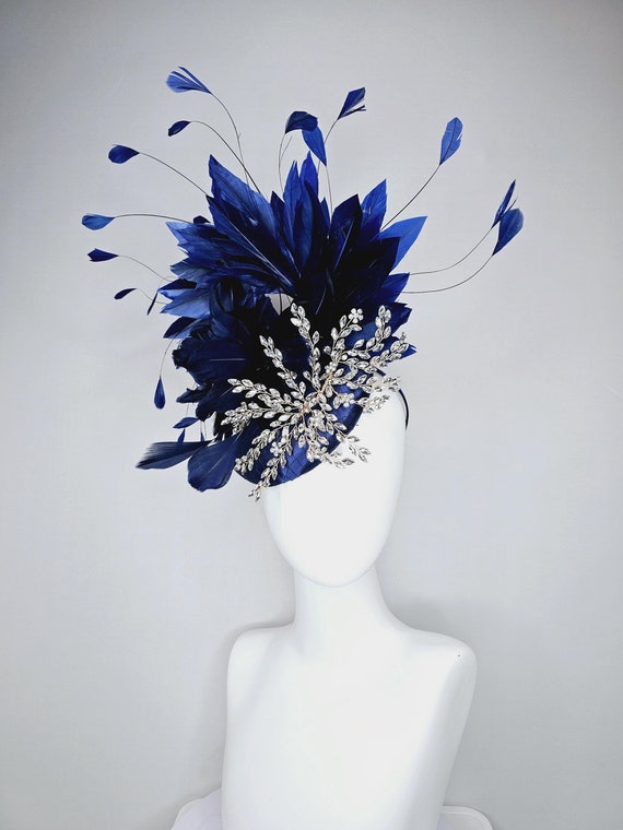 Kentucky Derby Hat Fascinator Navy Blue Satin With Netting  display picture 2