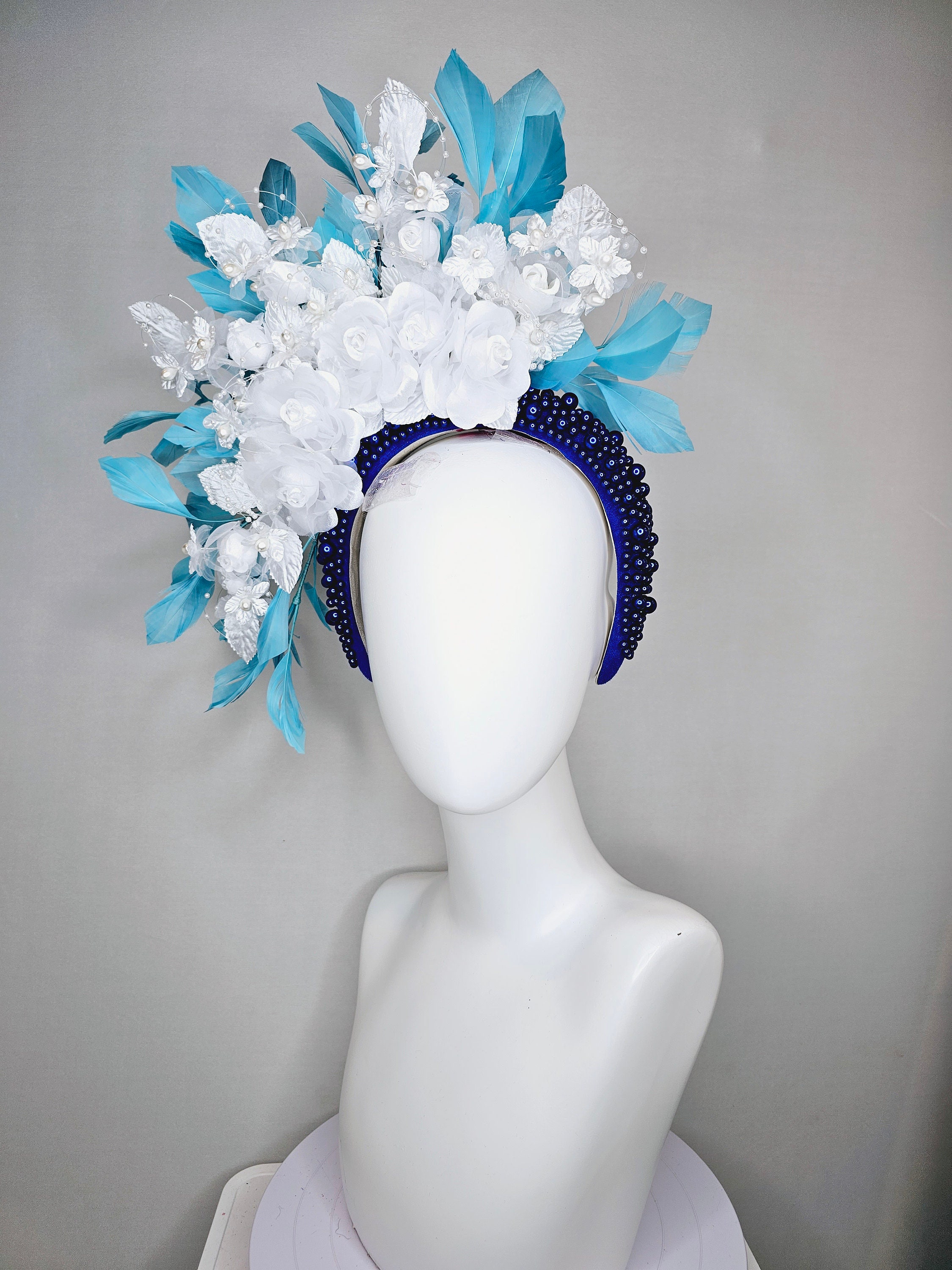 Beautiful Navy Feather Beaded Fascinator Clip Headband Kentucky Derby Te… Kentucky Derby fancy navy white fascinator hat for women  main image 4