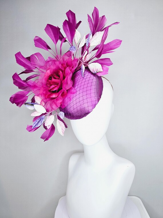 Kentucky Derby Hat Fascinator Purple Satin With Netting Pink  display picture 1