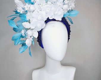 New Kentucky Derby Oaks Navy Floral Pink Feather Beaded Headband Fascinator Hat Kentucky Derby Hat Fascinator Crystal Rhinestone Jewel  main image 3