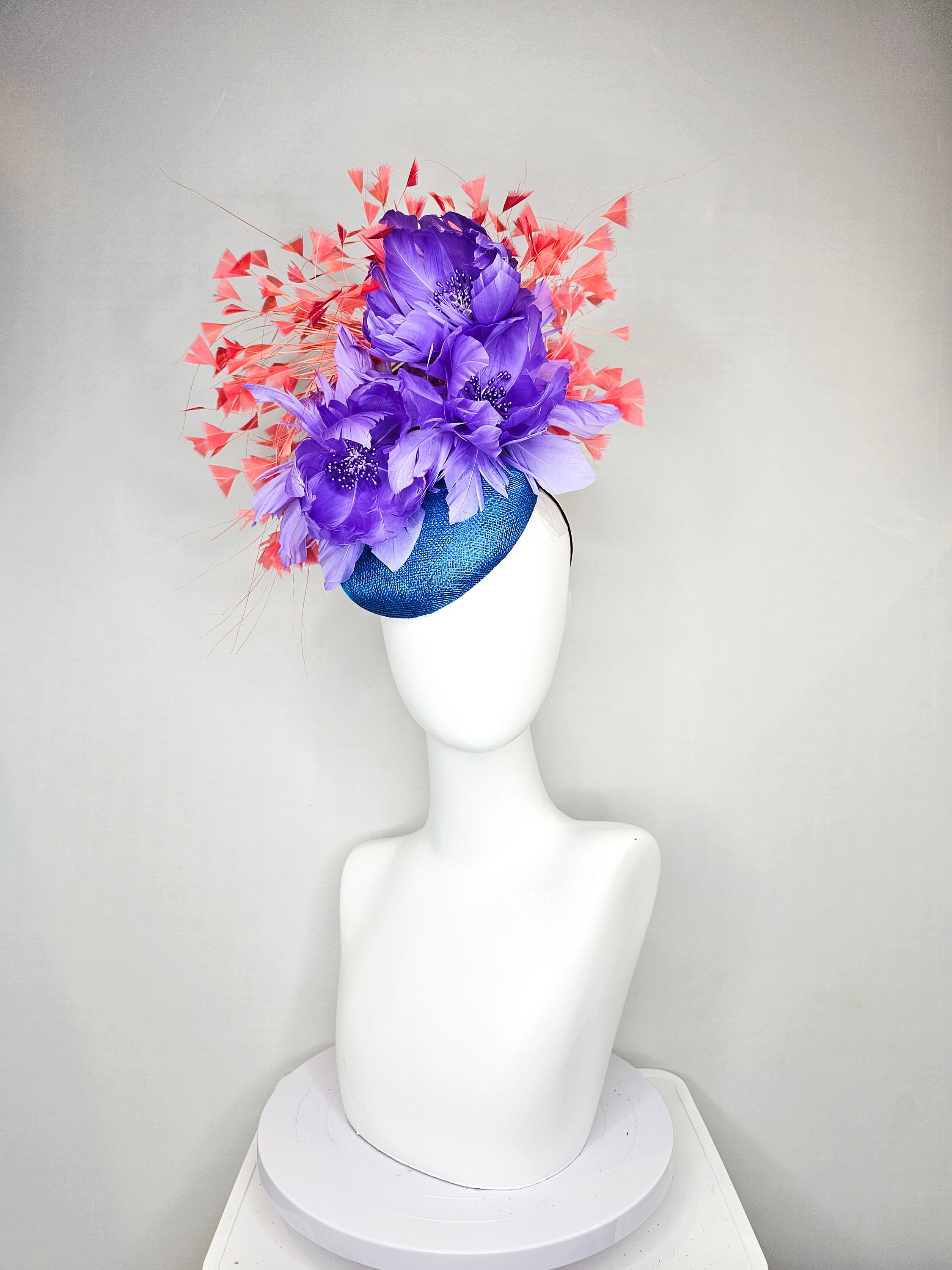 Kentucky Derby Hat Fascinator Turquoise Blue Sinamay Orange  display picture 1