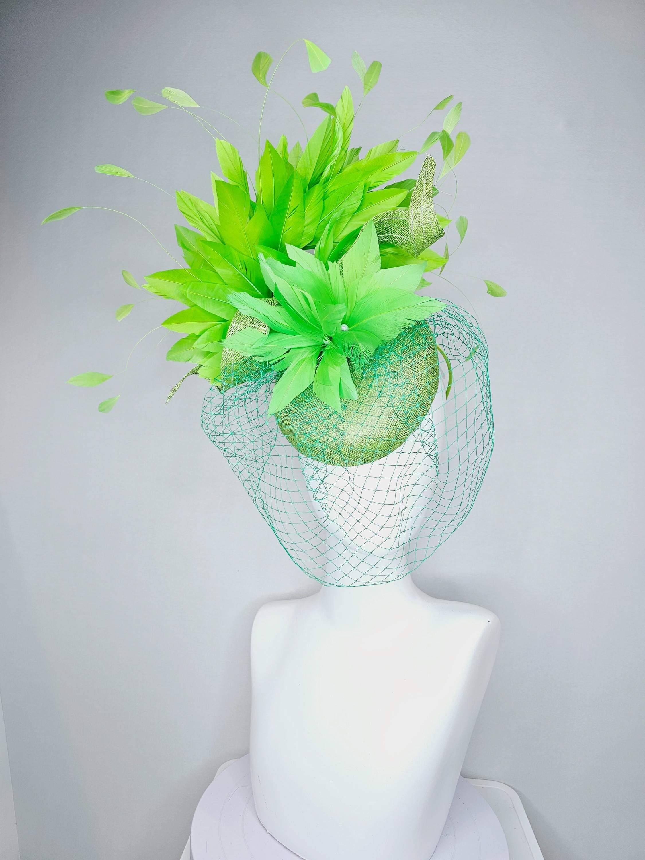 Kentucky Derby Hat Fascinator Sinamay Trendy Lime Bow Headband with Feathers Lime Green Derby Hat - Etsy main image 3
