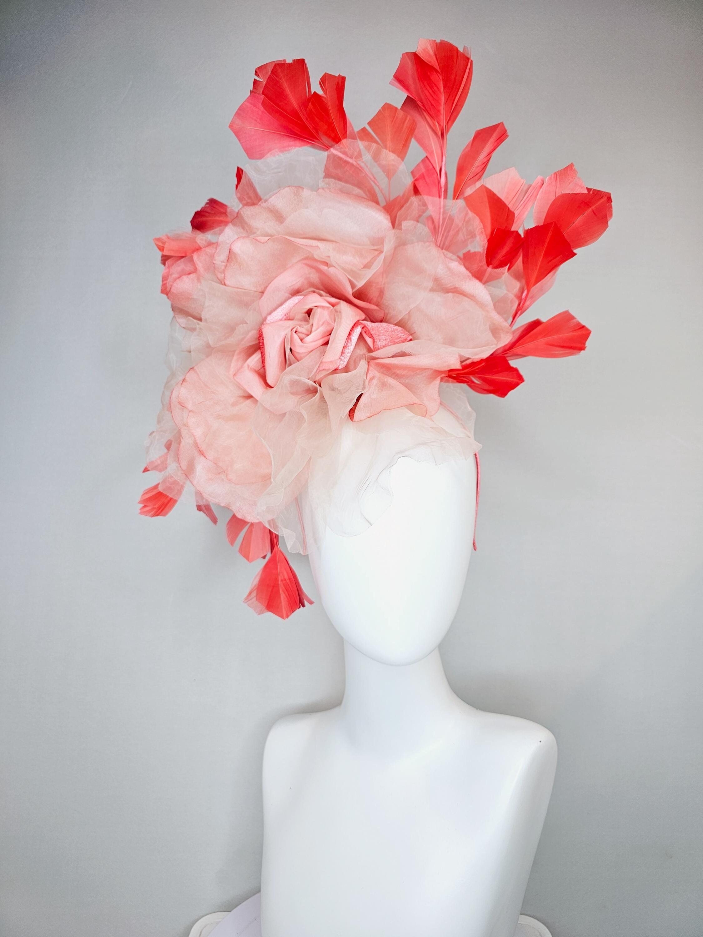 Kentucky Derby Hat Ky Oaks Organza Feather Pink Polka Dot and Yellow Floral Hat Kentucky Derby Fascinator “Oaks Outfitter“ | Hats Off by Helen main image 2