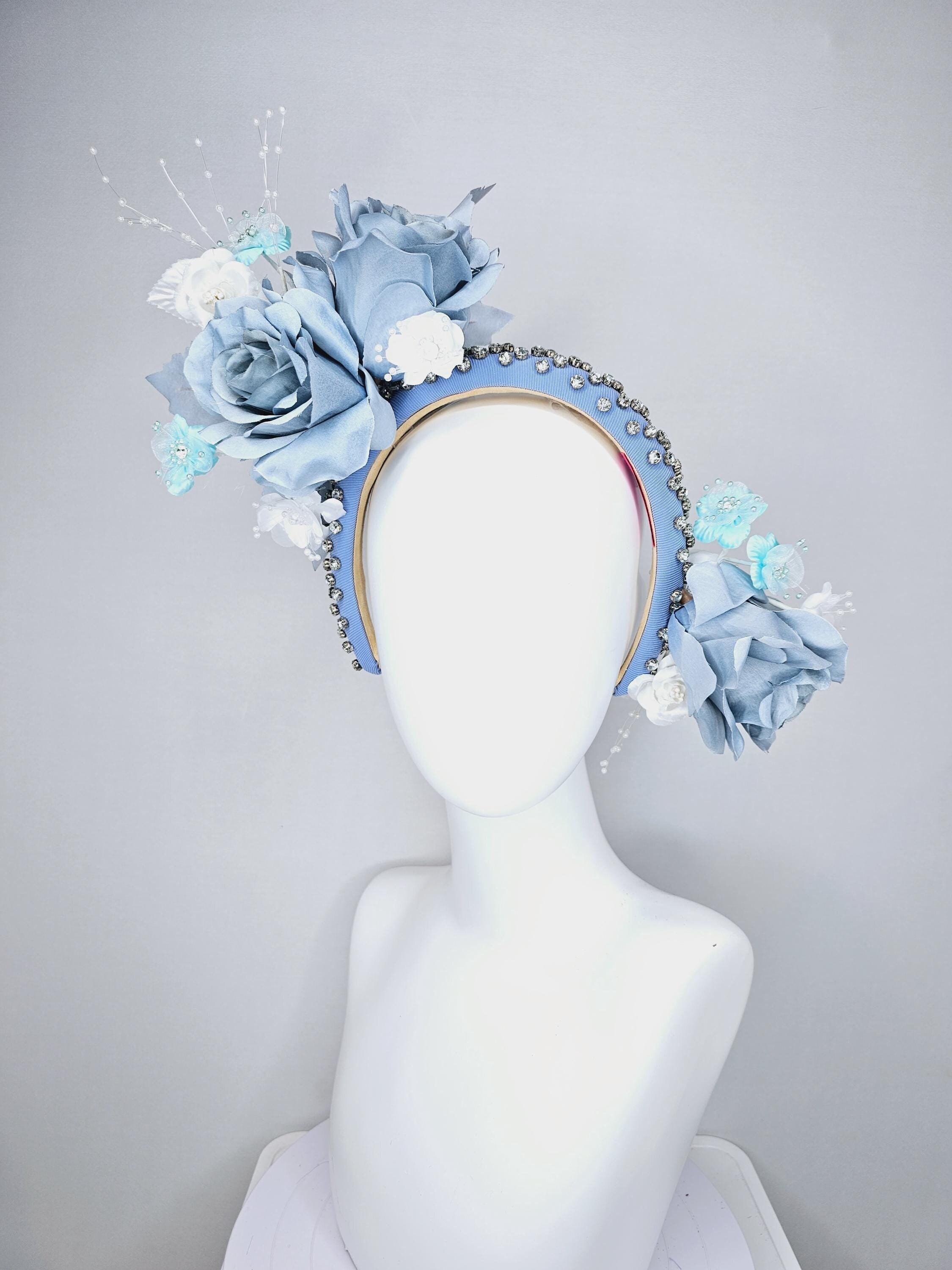 Kentucky Derby Royal Blue Floral + Feather Statement Fascinator Beaded Headband kentucky derby hat fascinator royal blue woven base with  main image 4