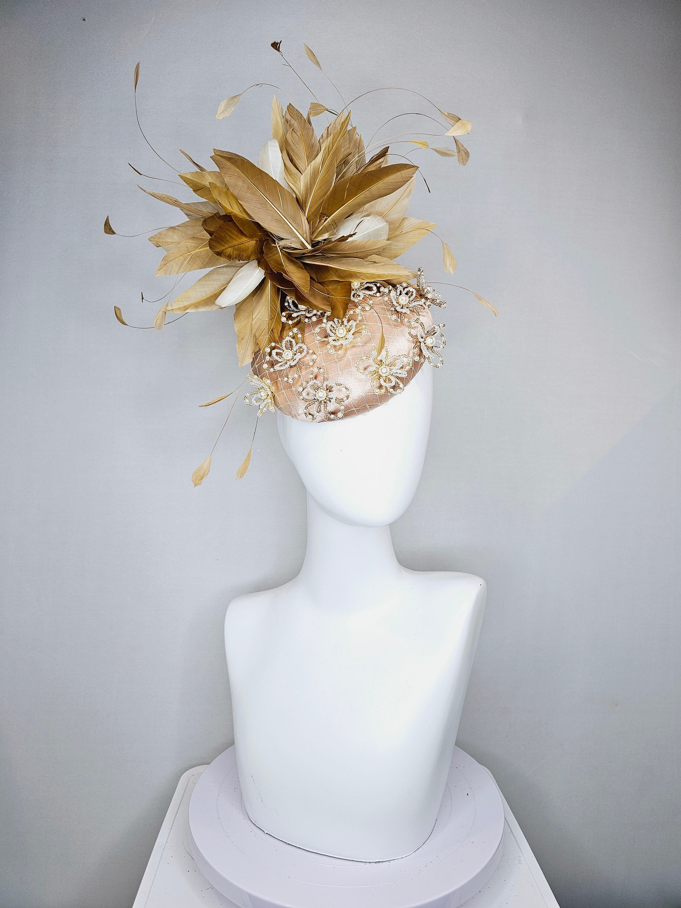 Champagne Velvet Gold Fascinato Disc Netting Bow Feather Church Derby Tea Hat kentucky derby hat fascinator champagne satin with netting  main image 4
