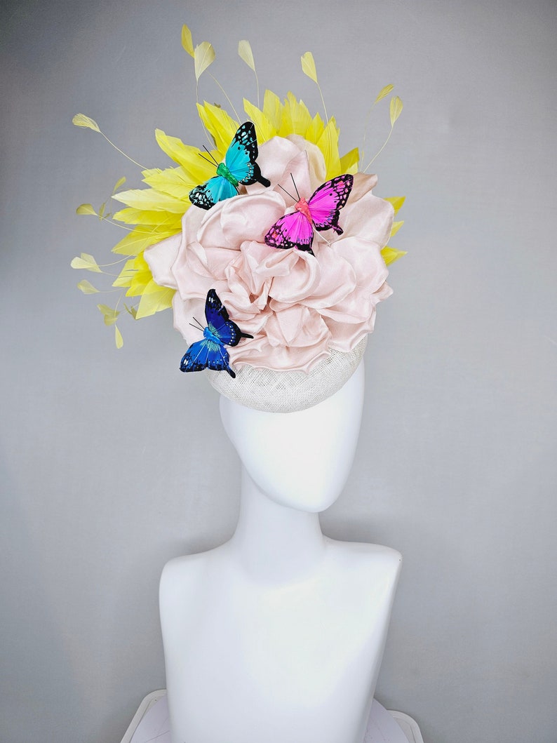 kentucky derby hat fascinator white sinamay blush large satin flower yellow feathers and rainbow pink blue green butterflies image 1