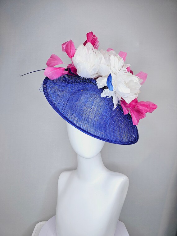 Kentucky Derby Hat Fascinator Royal Blue Saucer With Netting  display picture 3