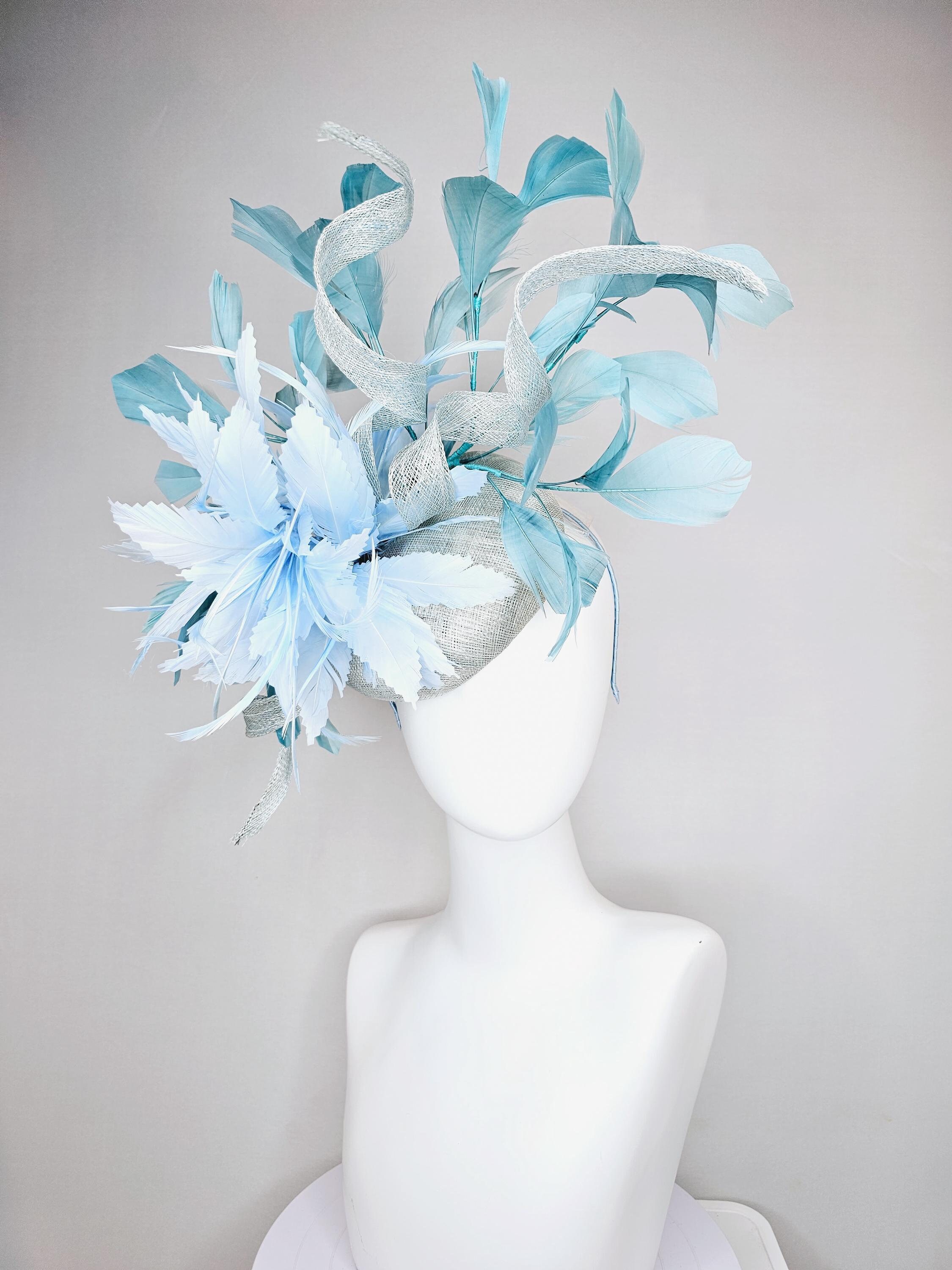Kentucky Derby Church Easter Blue Sinamay Button Fascinator w floral Accents | Kentucky Derby Hat Fascinator Light Blue Sinamay With Light  main image 4
