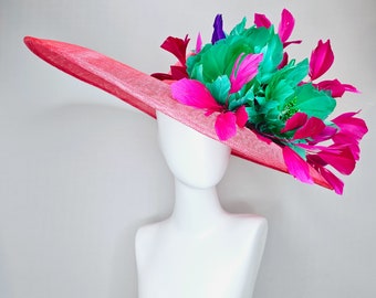 kentucky derby hat large wide brim sinamay coral pink hat with fuchsia bright pink  feathers green fluffy feather flowers