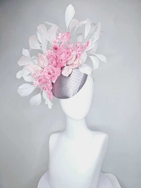 Vintage Silver Flower Fascinator Hat Mesh Stripe Amazing Women main image 4