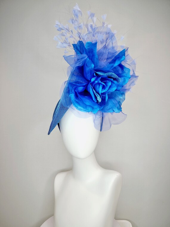 Kentucky Derby Blue Feathered Floral Fascinator Hat- Beaded Beetle Bug Statement Kentucky Derby Hat Fascinator Midnight Blue Pearl Beaded  main image 2