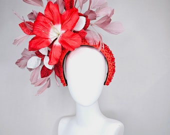 Kentucky Derby Hat Fascinator Large Red Flower With Red and  display picture 2