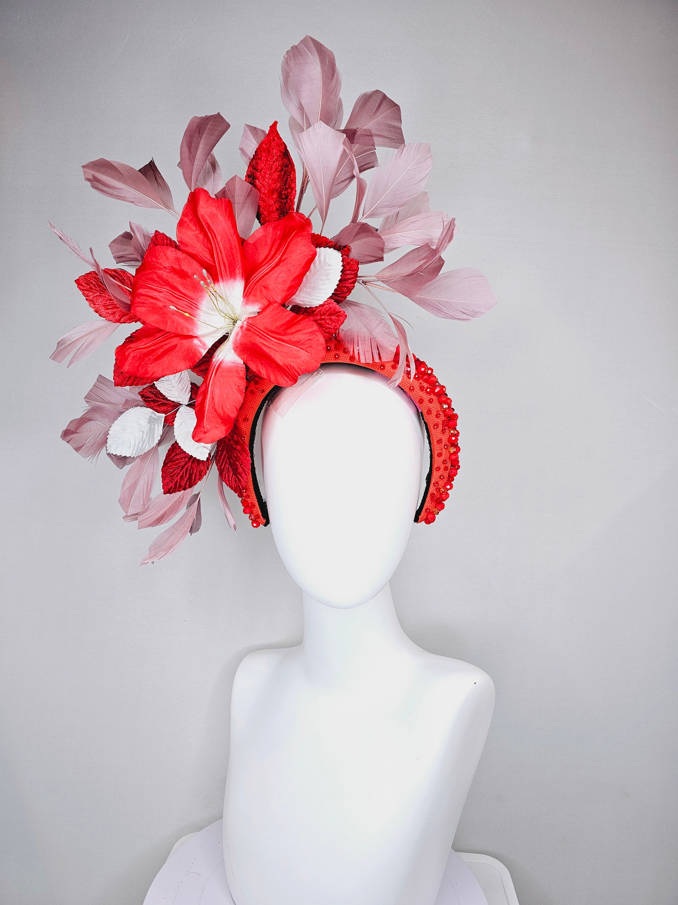 Kentucky Derby Hat Fascinator Large Red Flower With Red and 