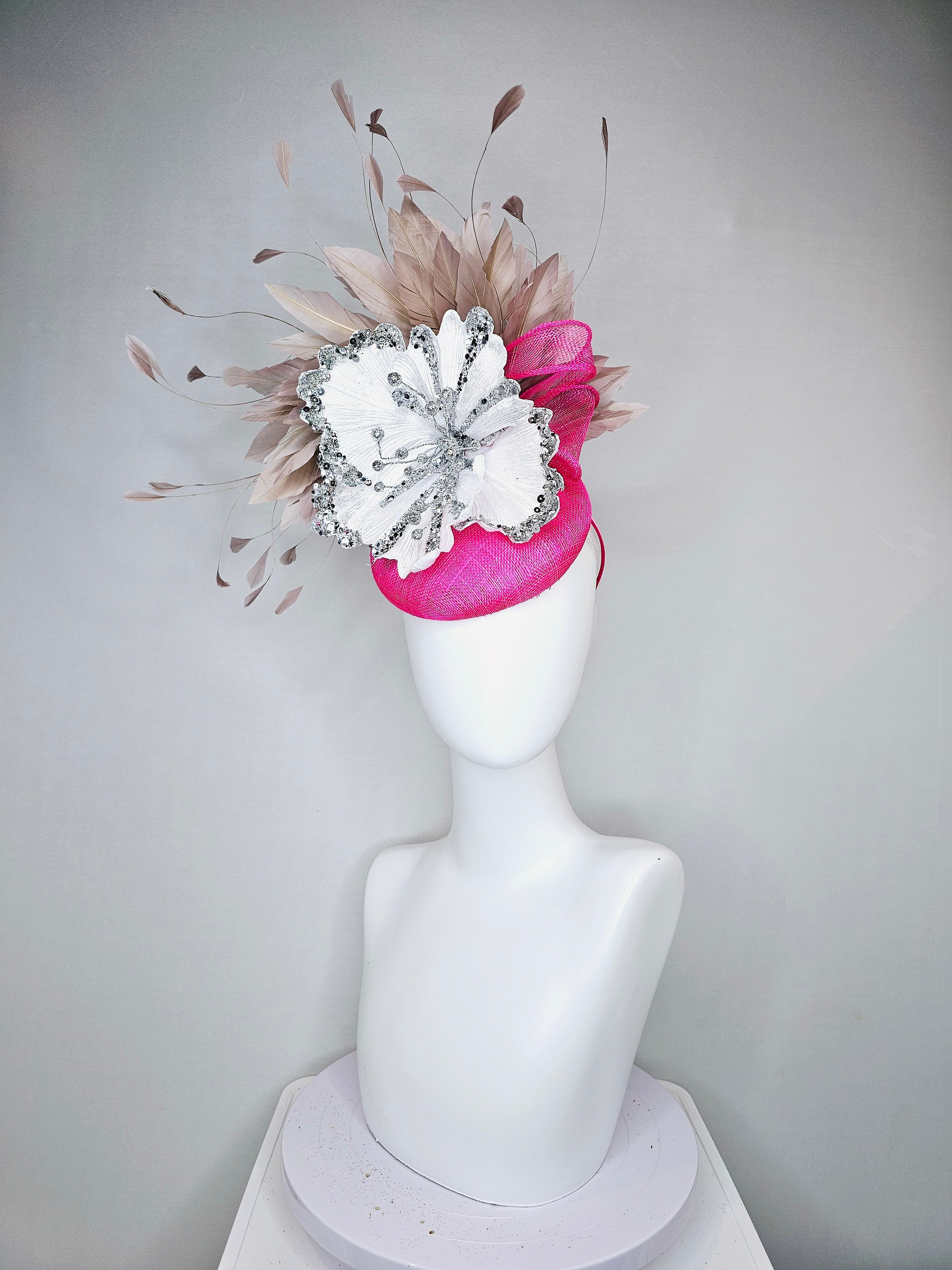 Kentucky Derby Party Fuchsia Feathered Sinamay Disc Hat - Women Formal Headwear Black Sinamay Kentucky Derby Hat, Fuchsia Feather Flower - Etsy main image 3