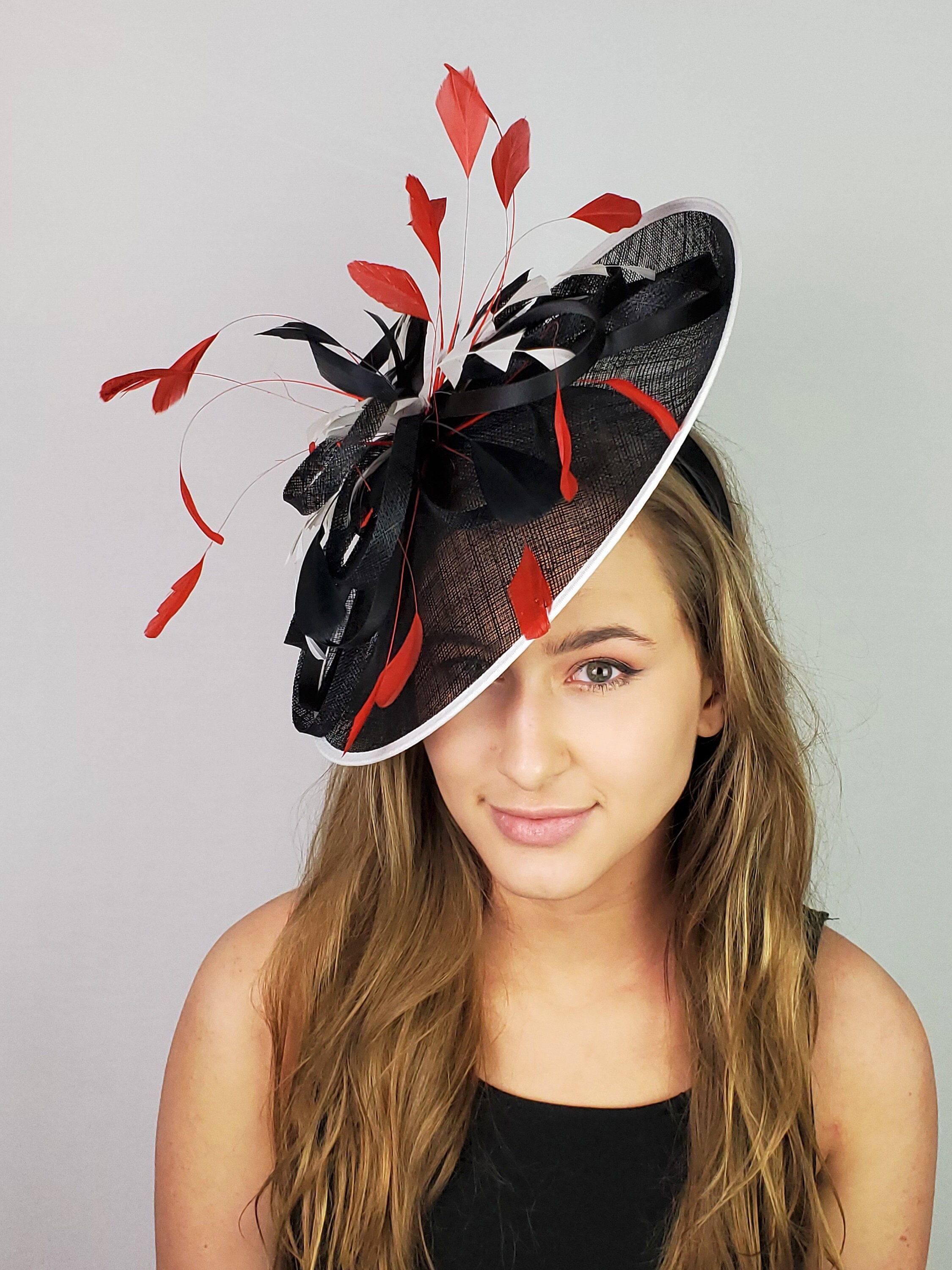 Red kentucky derby hat fascinator black white saucer hat with Etsy
