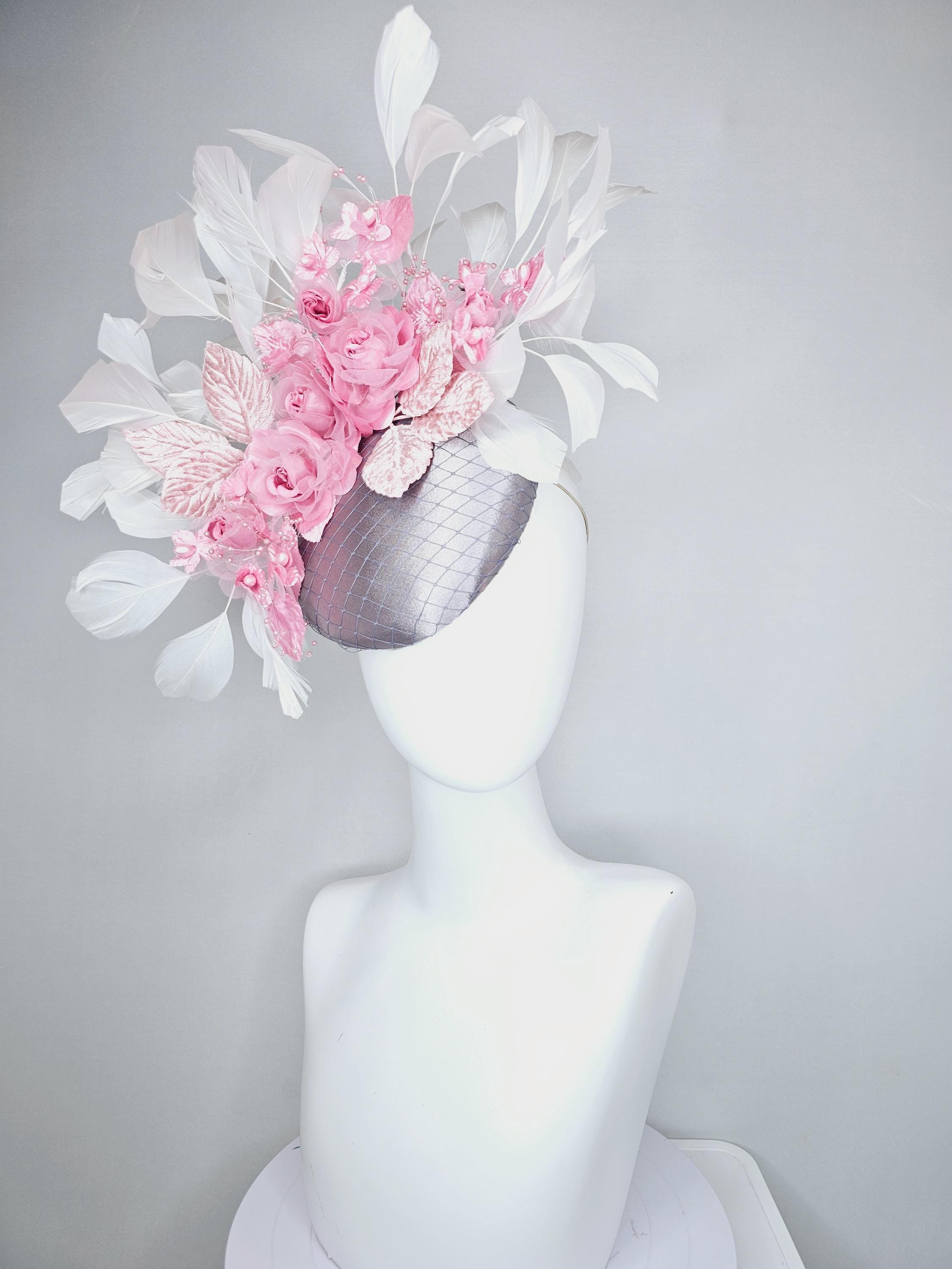 Kentucky Derby Hat Fascinator Silver Gray Satin W/ Netting 