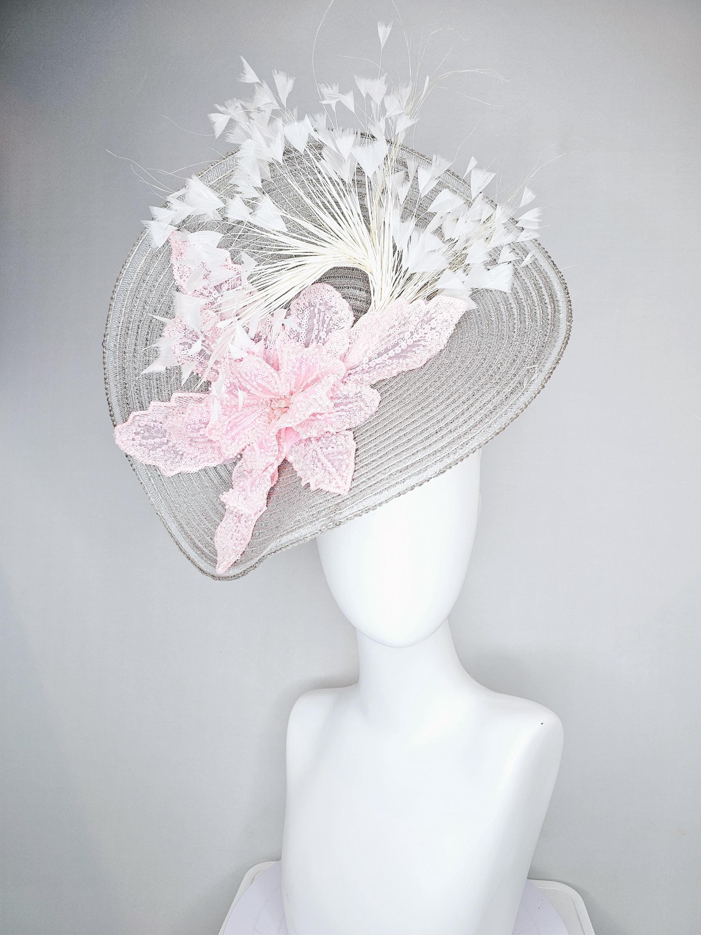 Kentucky Derby Hat Large Silver Gray Straw Saucer With Light  display picture 3