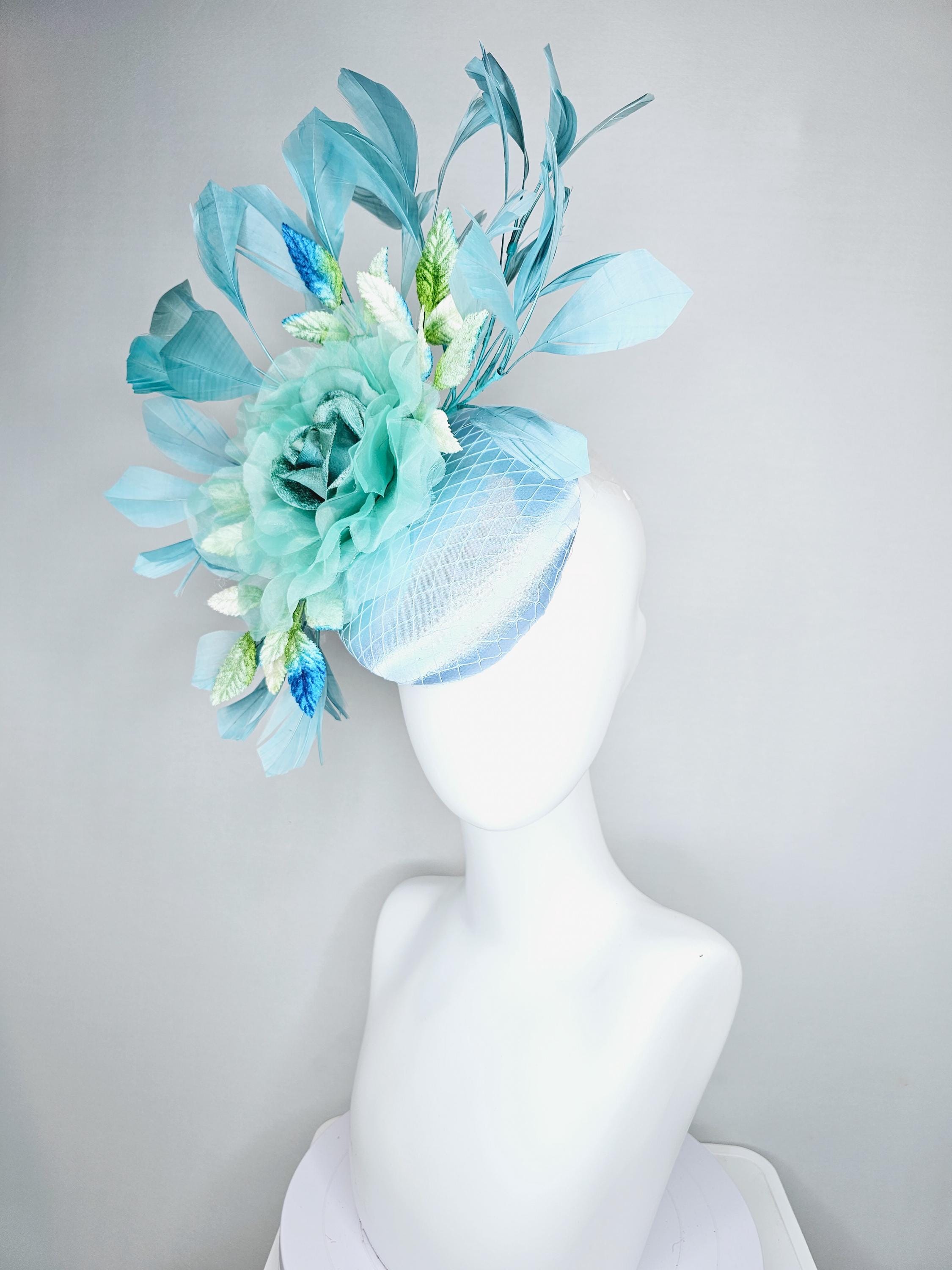 Kentucky Derby Hat Fascinator Light Blue Satin With Netting  display picture 1