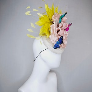 kentucky derby hat fascinator white sinamay blush large satin flower yellow feathers and rainbow pink blue green butterflies image 3