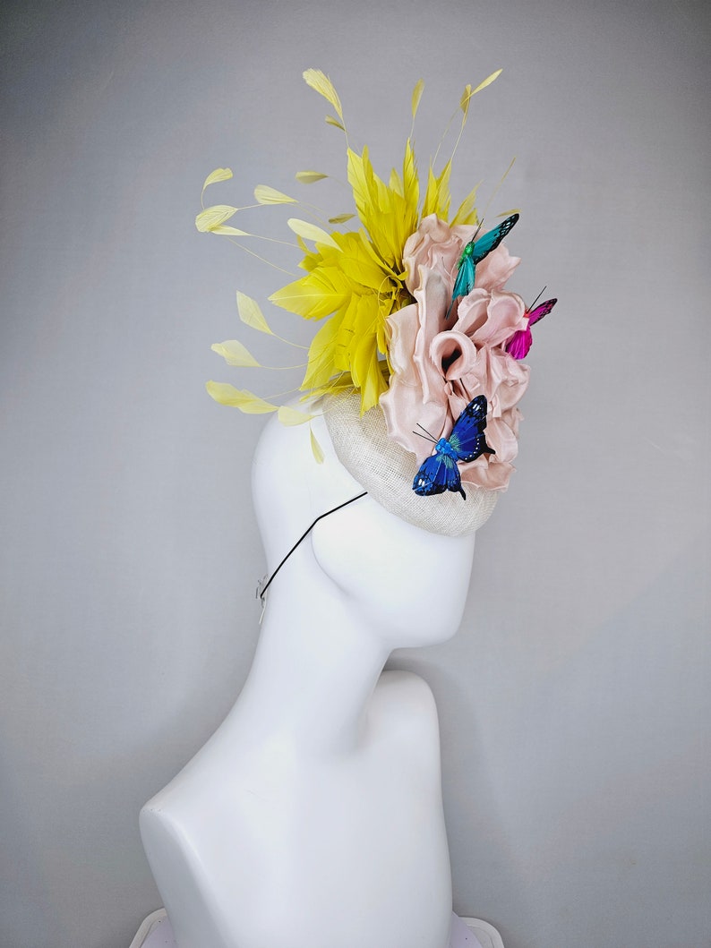 kentucky derby hat fascinator white sinamay blush large satin flower yellow feathers and rainbow pink blue green butterflies image 3