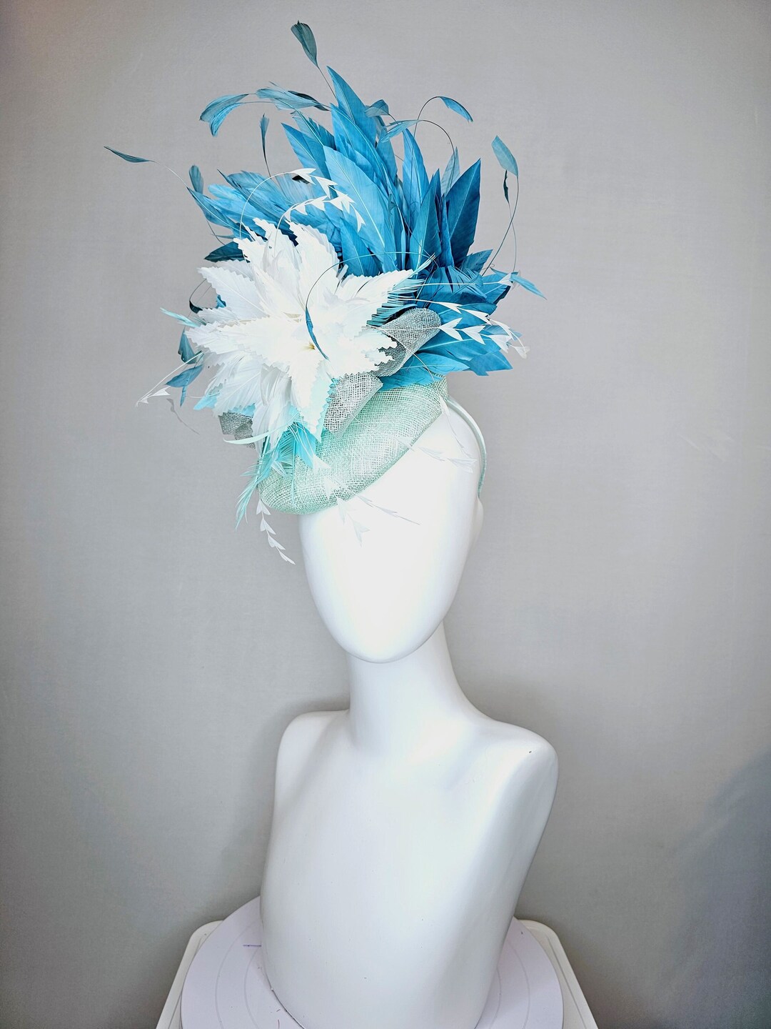 Kentucky Derby Hat Fascinator Mint Green Blue Sinamay With White