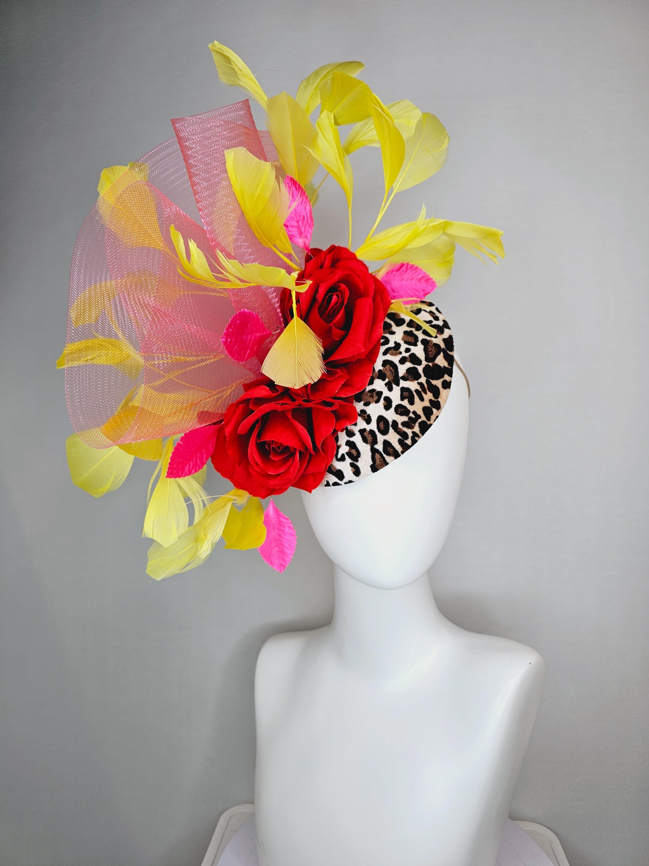 Kentucky Ruffles Patterns Kentucky Derby Hat Fascinator Velvet Leopard Print Base With Red Satin ...
