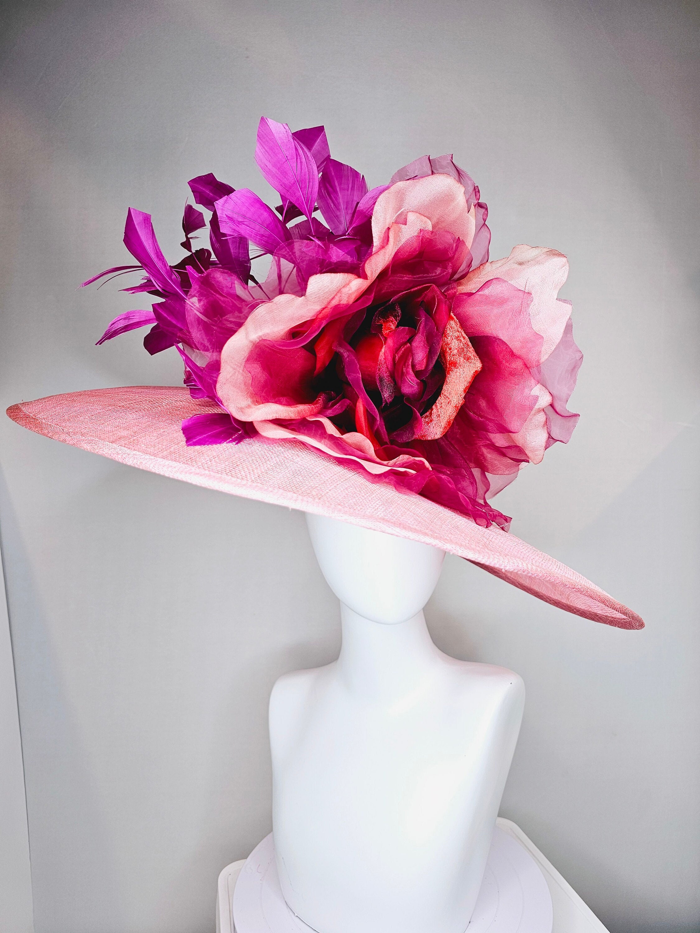 Kate Landry Coral Pink Wide Brim Sun Hat Derby Floral Mesh Rosette Feather il_fullxfull.3839465235_8wsh.jpg main image 3