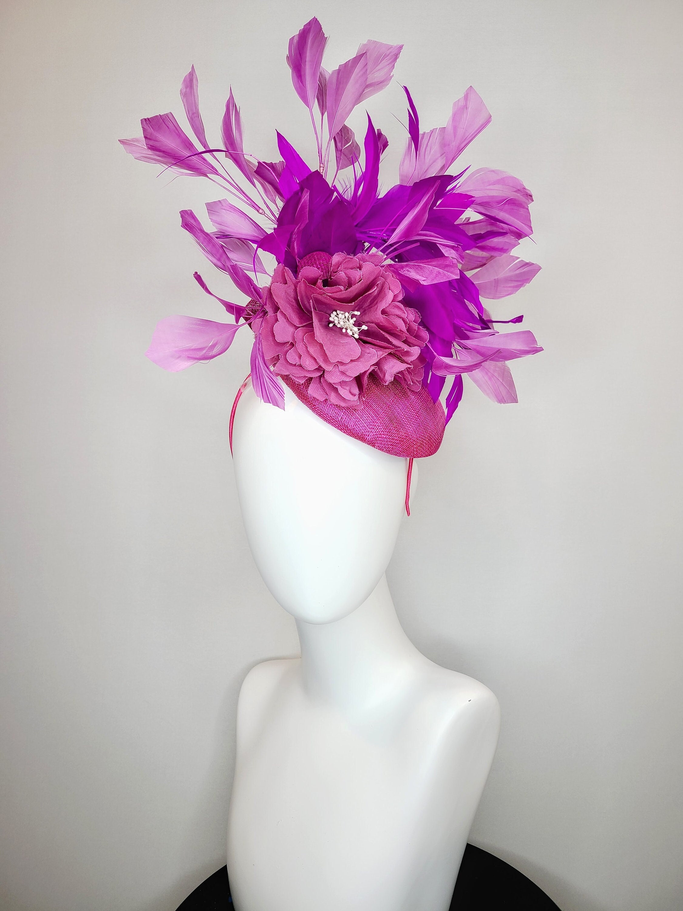 kentucky derby hat fascinator purple violet metallic flower with matching lavender sparkle leaves and lavender fuchsia pink feathers