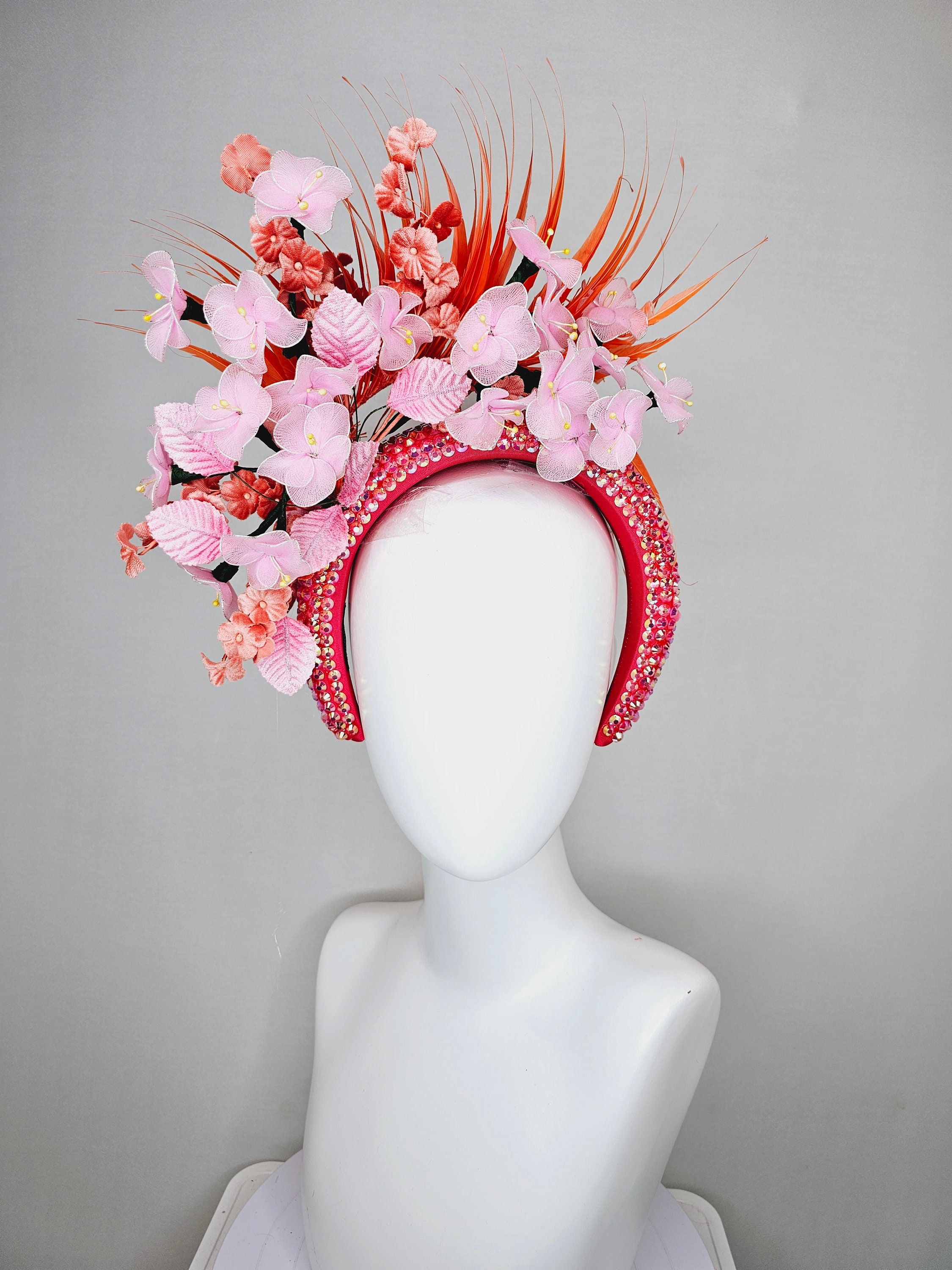 Kentucky Derby Hat Vibrant Tropical Garden Floral Fascinator KY Oaks Headband Kentucky Derby Hat Fascinator Coral Orange Sinamay  main image 4