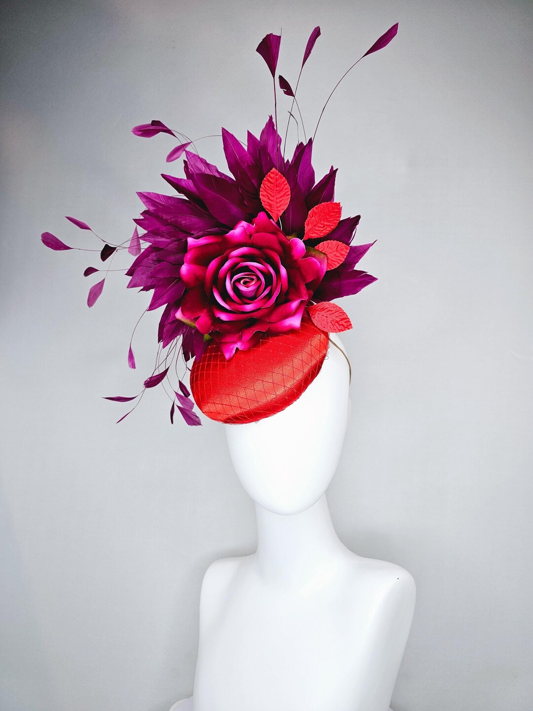 Red Kentucky Derby flower feathers veiled fascinator main image 1
