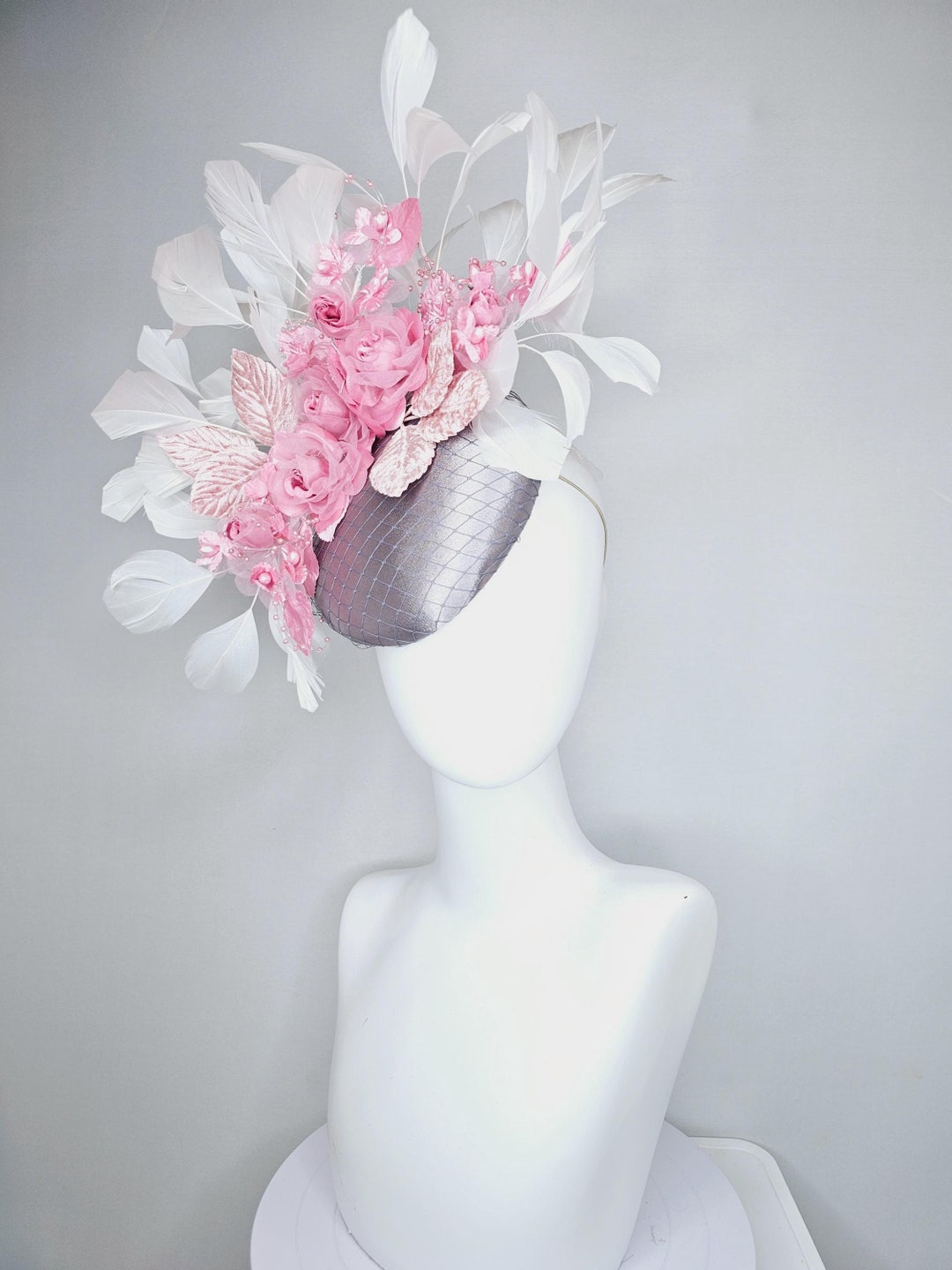 New Blush Pink Satin Flower Fascinator w Star Goose Feather Detail Ky Derby Oaks Kentucky Derby Fascinator “Oaks Outfitter“ | Hats Off by Helen main image 4