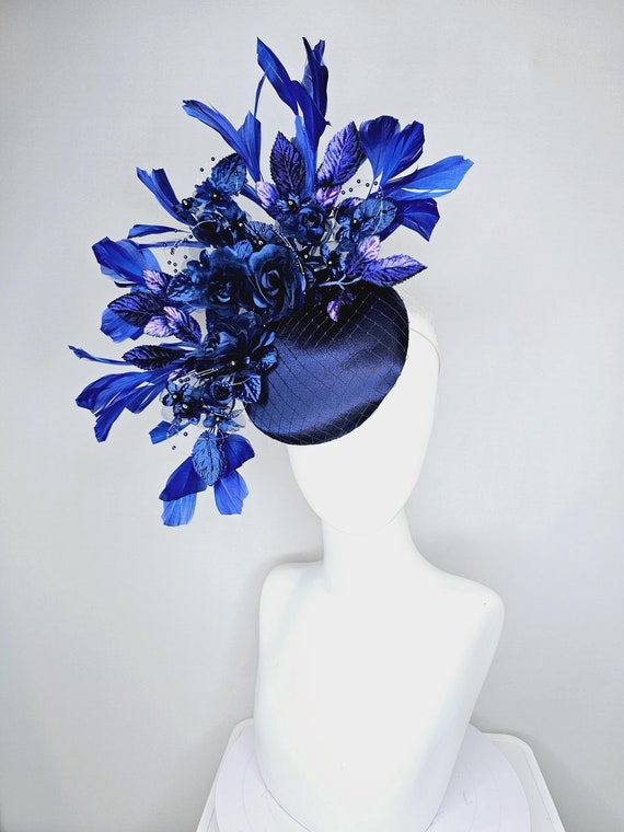 Kentucky Derby Hat Fascinator Navy Blue Satin With Netting  display picture 2