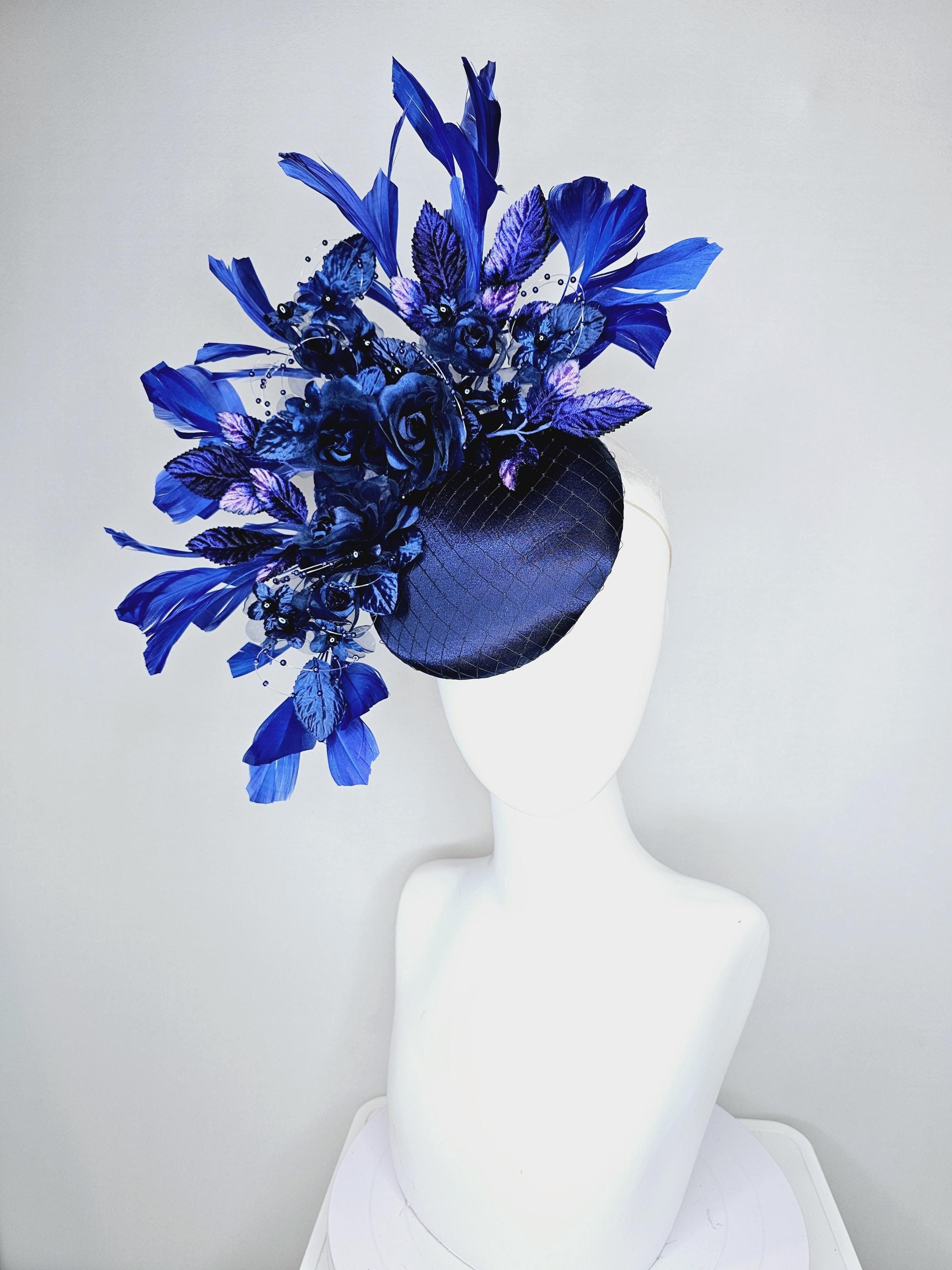 Kentucky Derby Hat Fascinator Navy Blue Satin With Netting 