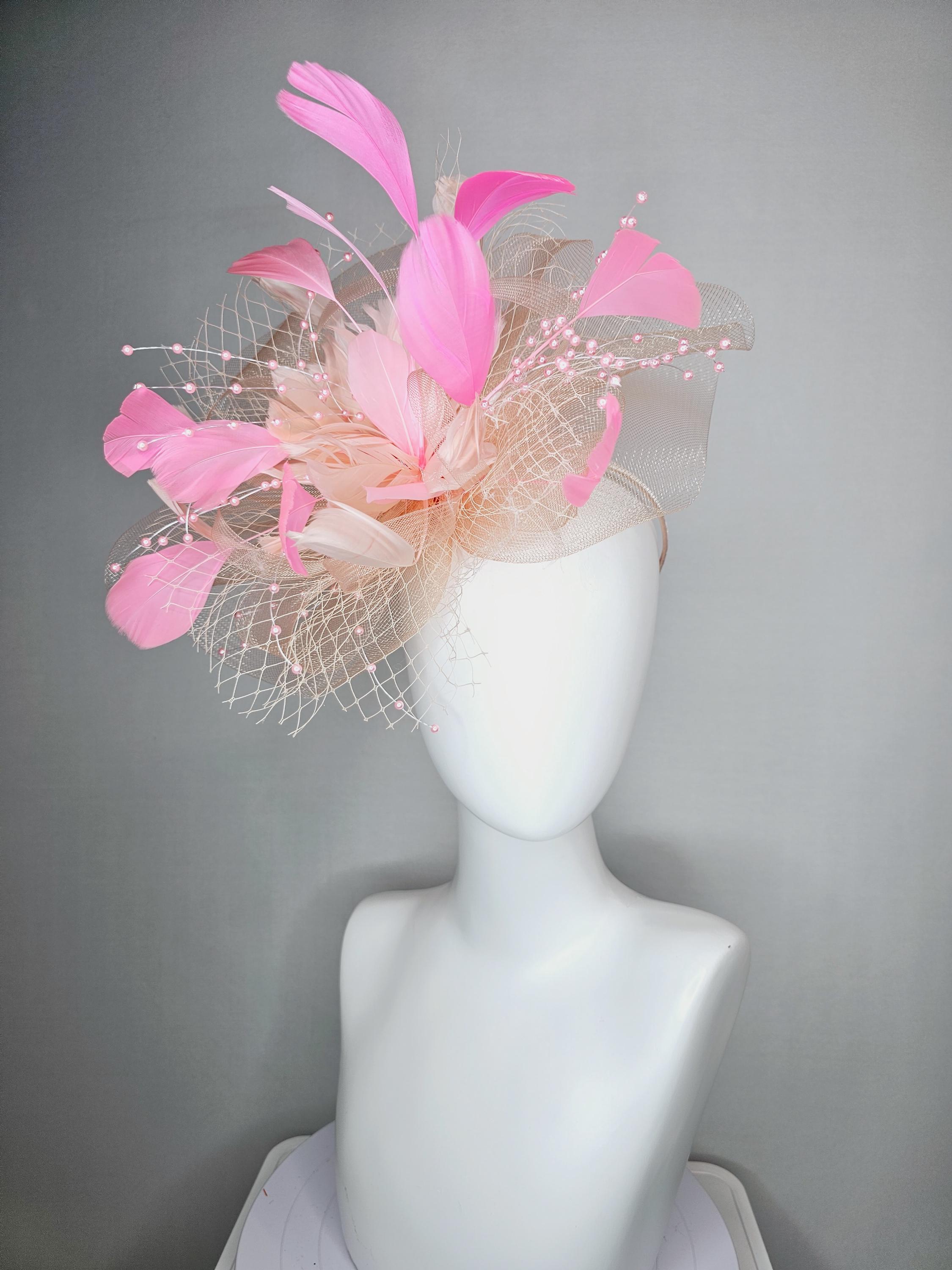 Kentucky Derby Oaks Cream and Pink Fascinator Feathers + Netting Pink Dusty Rose Kentucky Derby Fascinator Hat, Beige Feather  main image 4