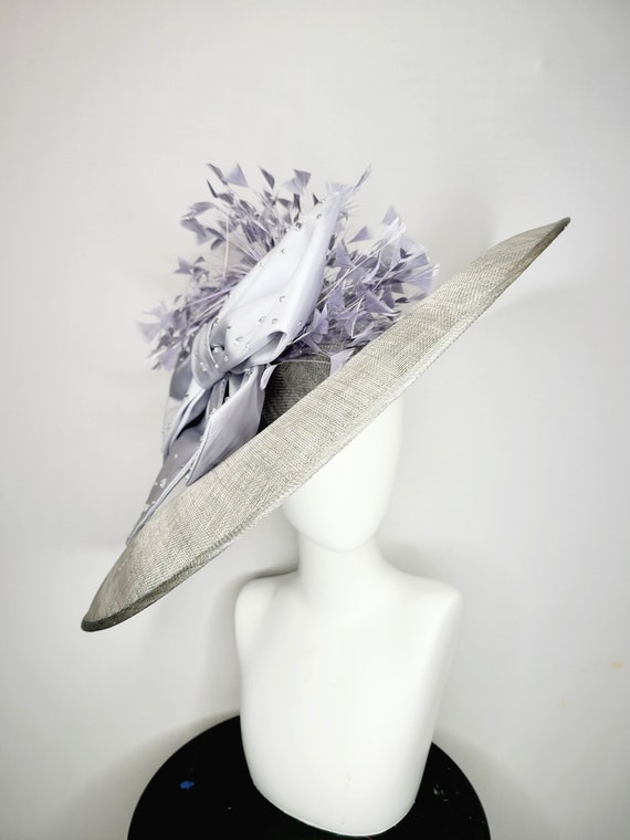 Kentucky Derby Hat Wide Brim Silver Gray Sinamay With Large Satin