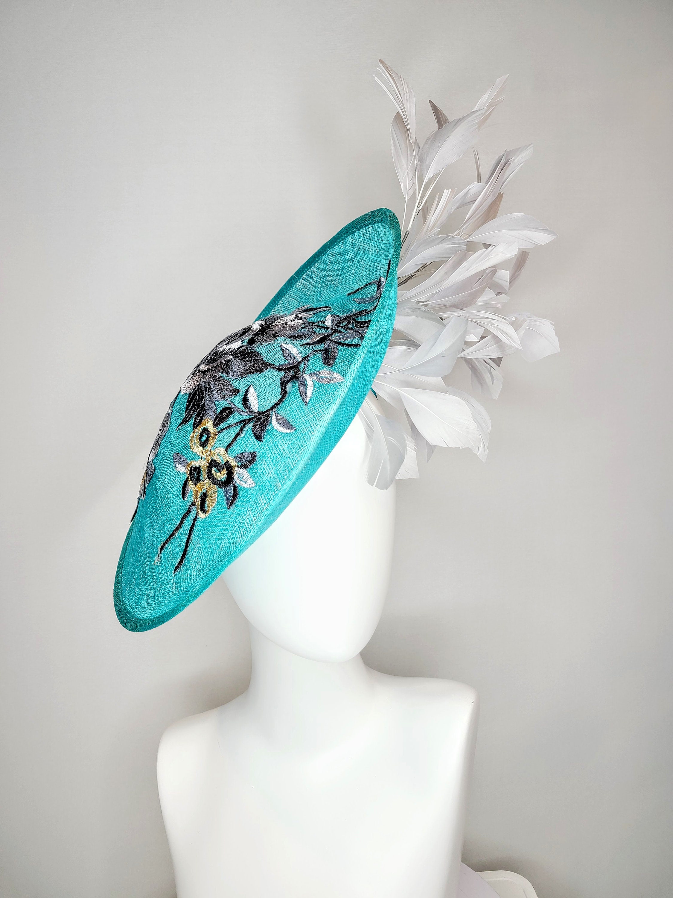 Kentucky Derby Hat Teal Floral Headband Fascinator Statement Sinamay Halo Crown Teal Blue Sinamay Fascinator: Kentucky Derby Hat, Wedding  main image 4