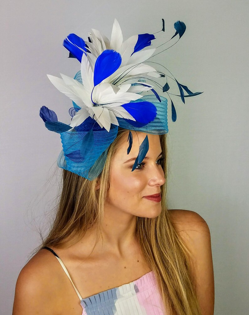 Blue and white kentucky derby hat fascinator blue turquoise Etsy