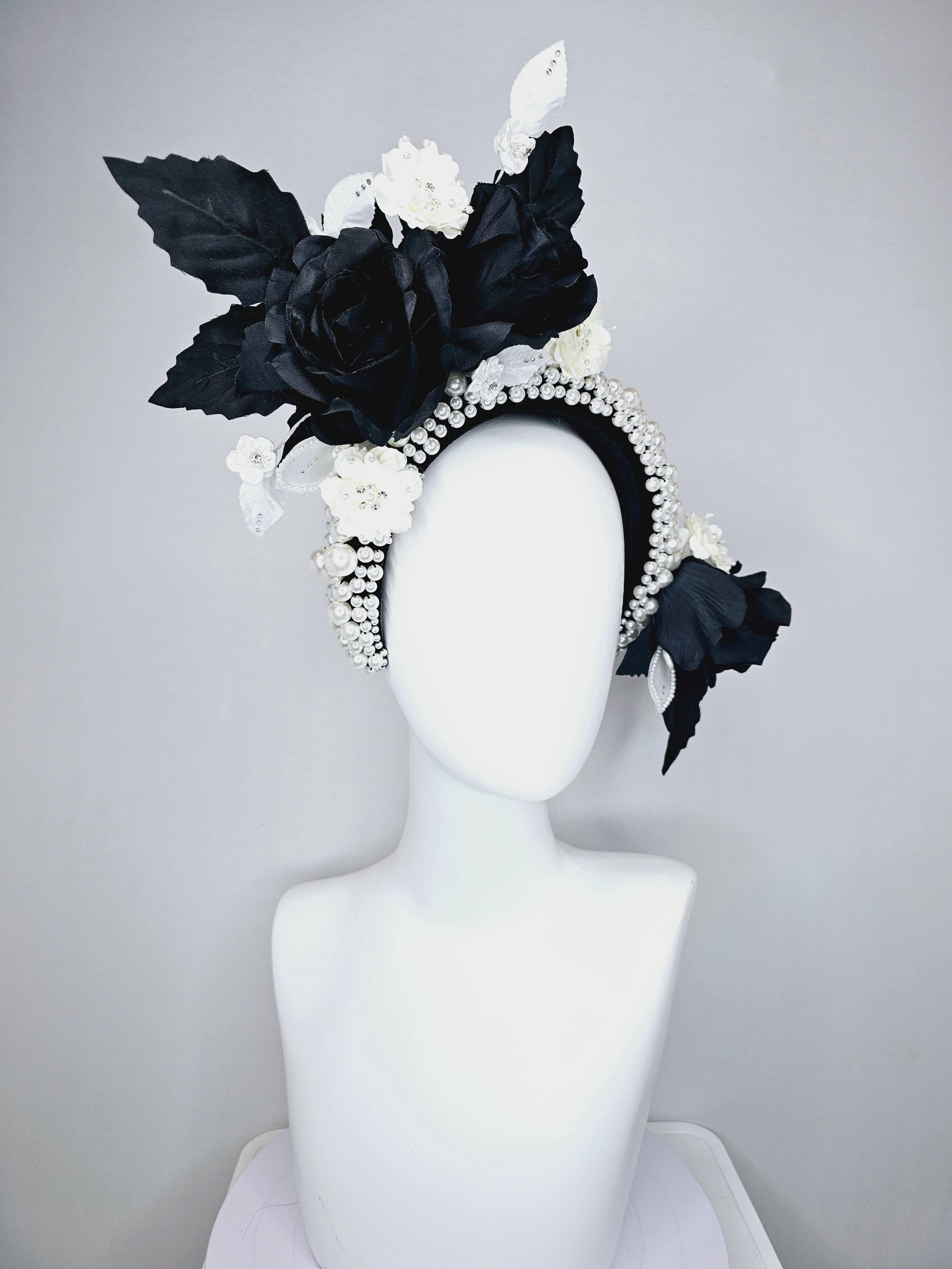 7864 Fascinators Hats For Women, Black Mesh Flower-shaped Pearl Feather Women main image 4