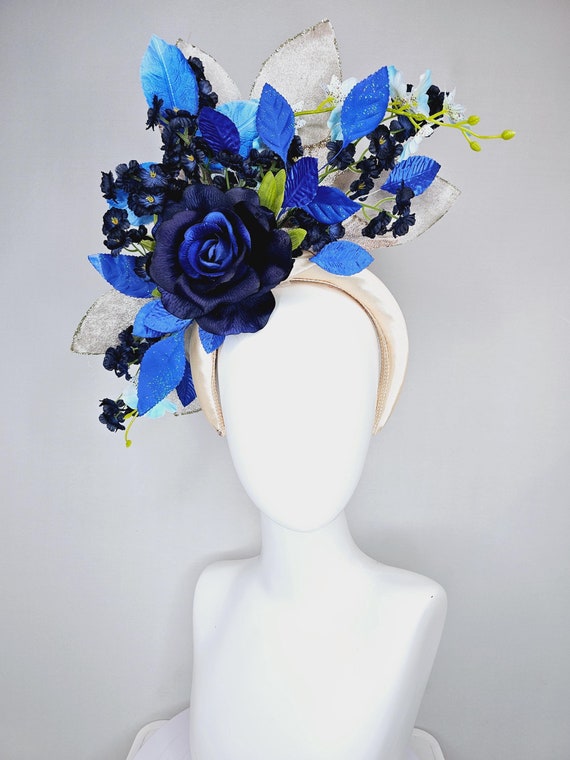 Kentucky Derby Hat Fascinator Champagne Satin Headband Navy  display picture 3