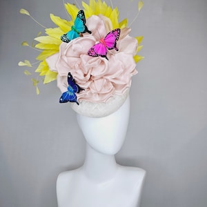 kentucky derby hat fascinator white sinamay blush large satin flower yellow feathers and rainbow pink blue green butterflies image 4